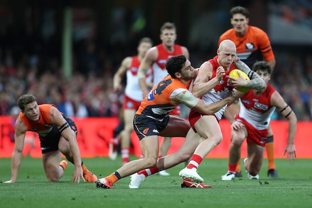 AFL 2018 Second Elimination Final - Sydney v GWS SYDNEY, AUSTRALIA - SEPTEMBER 08: Zak Jones of the Swans in action during the 2018 AFL Second Elimination Final match between the Sydney Swans and the GWS Giants at the Sydney Cricket Ground on September 08, 2018 in Sydney, Australia. (Photo by Mark Metcalfe/AFL Media)